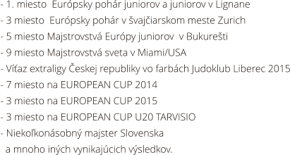 - 1. miesto  Eurpsky pohr juniorov a juniorov v Lignane - 3 miesto  Eurpsky pohr v vajiarskom meste Zurich - 5 miesto Majstrovstv Eurpy juniorov  v Bukureti - 9 miesto Majstrovstv sveta v Miami/USA - Vaz extraligy eskej republiky vo farbch Judoklub Liberec 2015 - 7 miesto na EUROPEAN CUP 2014 - 3 miesto na EUROPEAN CUP 2015 - 3 miesto na EUROPEAN CUP U20 TARVISIO - Niekokonsobn majster Slovenska    a mnoho inch vynikajcich vsledkov.